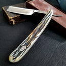 Rough Ryder Razor Folding Knife 3.5" Damascus Steel Blades Cinnamon Stag Bone Handle.