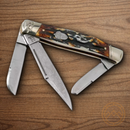 Rough Ryder Stockman Pocket Knife 3.5" Damascus Steel Blades Cinnamon Stag Bone Handle.