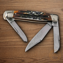 Rough Ryder Stockman Pocket Knife 3.5" Damascus Steel Blades Cinnamon Stag Bone Handle.