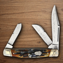 Rough Ryder Stockman Pocket Knife 3.5" Damascus Steel Blades Cinnamon Stag Bone Handle.