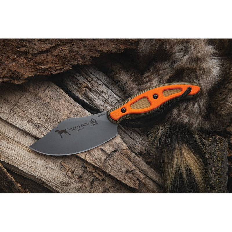 TOPS Field Dog Fixed Knife 3.88" 154CM Steel Full Tang Blade Black And Tan / Orange G10 Handle FDOG01 -TOPS - Survivor Hand Precision Knives & Outdoor Gear Store