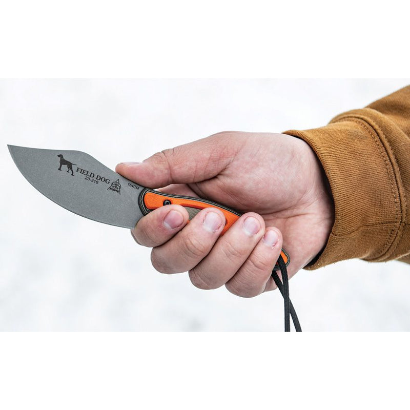 TOPS Field Dog Fixed Knife 3.88" 154CM Steel Full Tang Blade Black And Tan / Orange G10 Handle FDOG01 -TOPS - Survivor Hand Precision Knives & Outdoor Gear Store