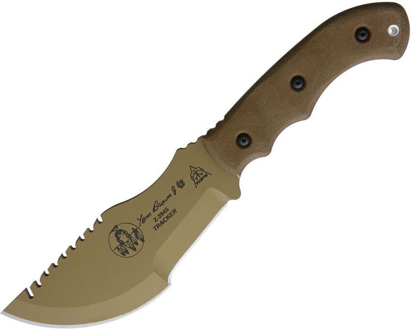 TOPS Tom Brown Tracker Fixed Knife 6.38" 1095HC Steel Sawback / Full Tang Blade Tan Linen Micarta Handle TBT01TAN -TOPS - Survivor Hand Precision Knives & Outdoor Gear Store