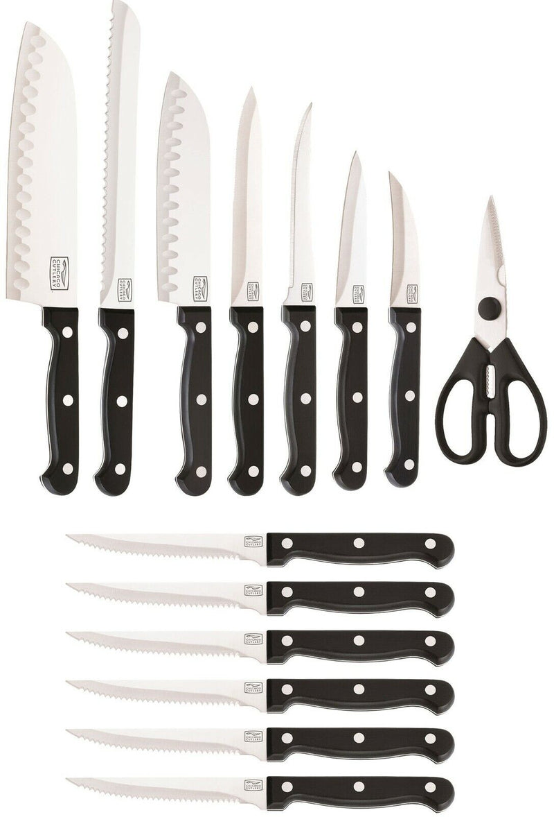 Chicago Cutlery Essentials 15 Piece Storage Block Set Fixed Knife High Carbon Steel Full Tang Blades Black Polymer Handles 01034 -Chicago Cutlery - Survivor Hand Precision Knives & Outdoor Gear Store