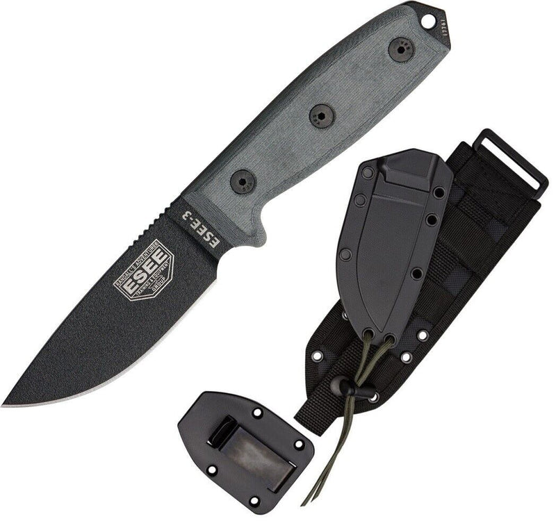 ESEE Model 3 Standard Edge Fixed Knife 3.75" Black Powder Coated 1095HC Steel Full / Extended Tang Blade Linen Micarta Handle 3PBMB -ESEE - Survivor Hand Precision Knives & Outdoor Gear Store