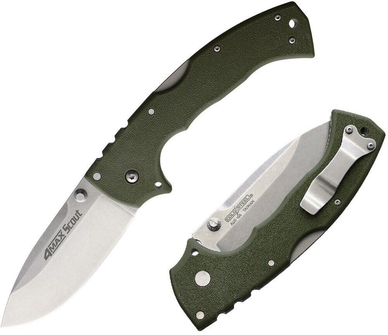 Cold Steel 4-Max Scout Lockback Folding Knife 4" AUS-10A Steel Blade OD Green Griv-Ex Handle 62RQODSW -Cold Steel - Survivor Hand Precision Knives & Outdoor Gear Store