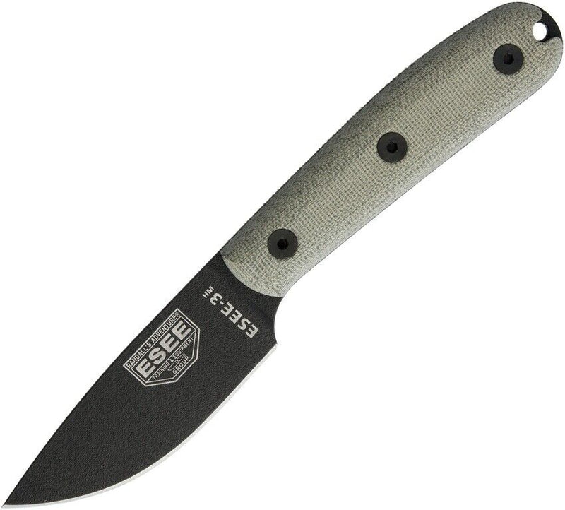 ESEE Model 3 Fixed Knife 3.63" Black Powder Coated 1095HC Steel Full Tang Drop Point Blade Green Canvas Micarta Traditional Handle 3HMK -ESEE - Survivor Hand Precision Knives & Outdoor Gear Store