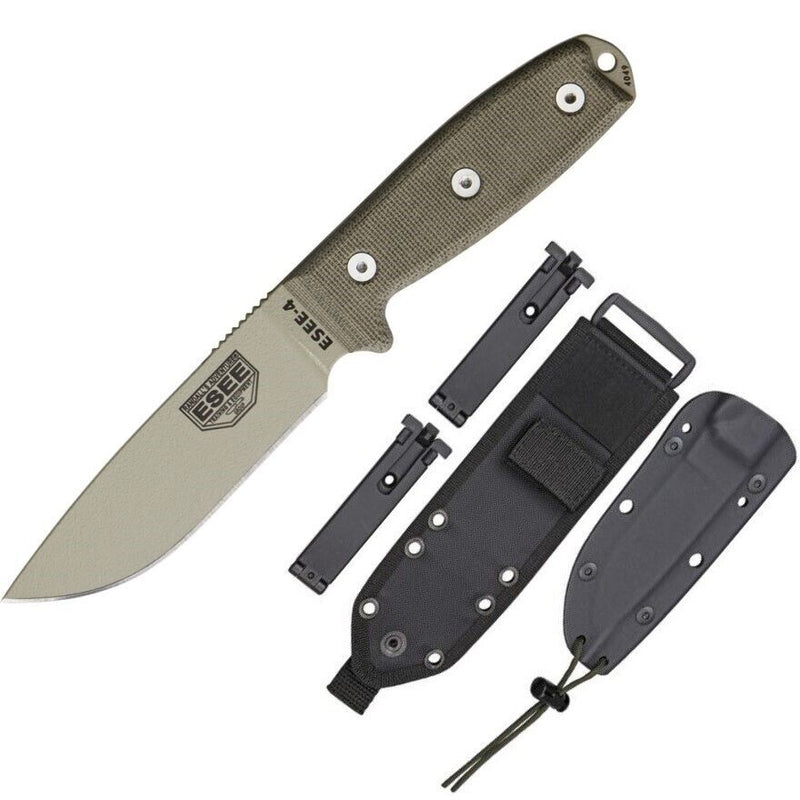 ESEE Model 4 Plain Edge Fixed Knife 4.5" Desert Tan Powder Coated 1095HC Steel Full / Extended Tang Blade OD Green Micarta Handle 4PMBDT -ESEE - Survivor Hand Precision Knives & Outdoor Gear Store