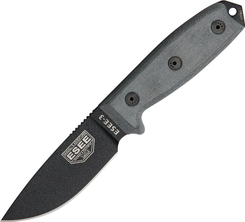 ESEE Model 3 Standard Edge Fixed Knife 3.75" Black Powder Coated 1095HC Steel Full / Extended Tang Blade Linen Micarta Handle 3PBMB -ESEE - Survivor Hand Precision Knives & Outdoor Gear Store