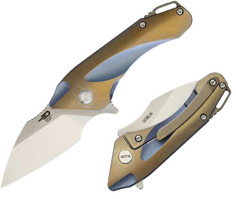 Bestech Knives Goblin Framelock Folding Knife 2.25" CPM S35VN Steel Extended Tang Blade Blue And Gold Anodized Titanium Handle T1711B -Bestech Knives - Survivor Hand Precision Knives & Outdoor Gear Store
