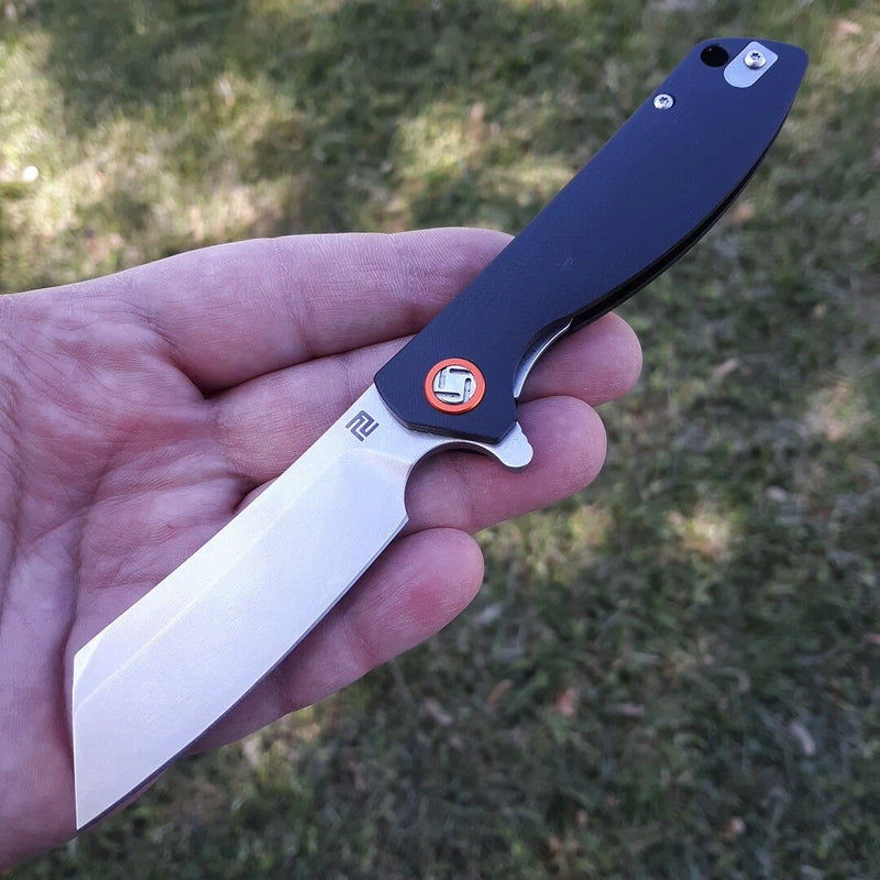 Artisan Tomahawk Folding Knife 3" Stonewash D2 Tool Steel Blade Black G10 Handle