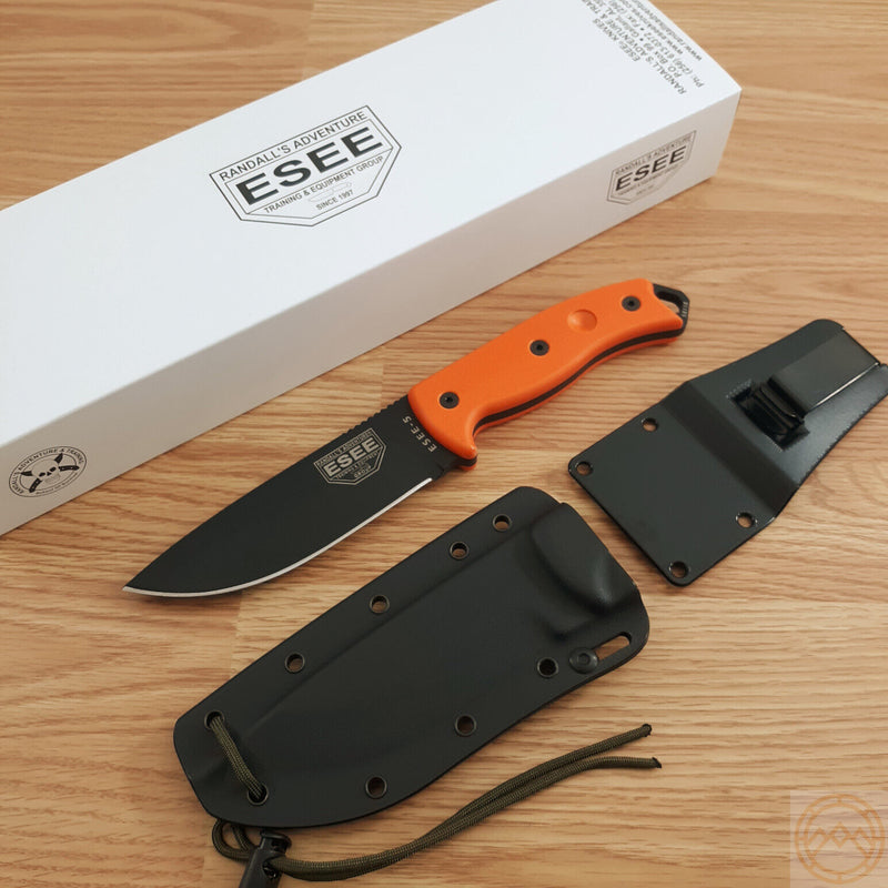 ESEE Model 5 Fixed Knife 5.25" Black Powder Coated 1095HC Steel Full / Extended Tang Blade Orange G10 Handle 5POR -ESEE - Survivor Hand Precision Knives & Outdoor Gear Store