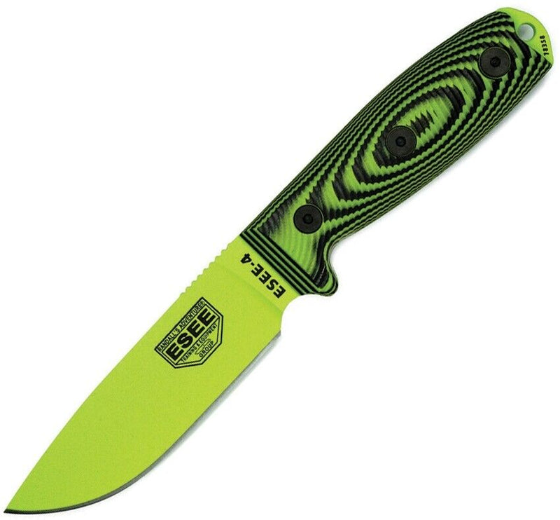 ESEE Model 4 Venom Fixed Knife 4.5" Powder Coated 1095HC Steel Full / Extended Tang Blade Machined Black And Green 3D Machined G10 Handle 4PVG007 -ESEE - Survivor Hand Precision Knives & Outdoor Gear Store