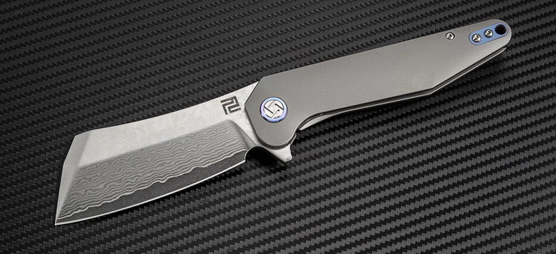 Artisan Osprey Frame Folding Knife 3.75" Damascus Steel Blade Titanium Handle
