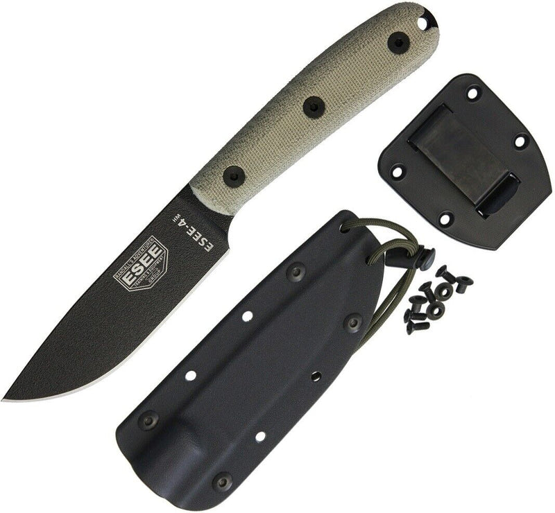 ESEE Model 4 Fixed Knife 4.5" Black Powder Coated 1095HC Steel Full Tang Drop Point Blade Green Canvas Micarta Traditional Handle 4HMK -ESEE - Survivor Hand Precision Knives & Outdoor Gear Store