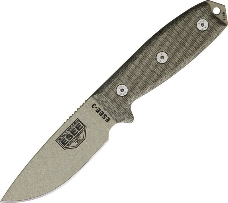 ESEE Model 3 Fixed Knife 3.75" Desert Tan Powder Coated 1095HC Steel Full / Extended Tang Blade Micarta Handle 3PKODT -ESEE - Survivor Hand Precision Knives & Outdoor Gear Store