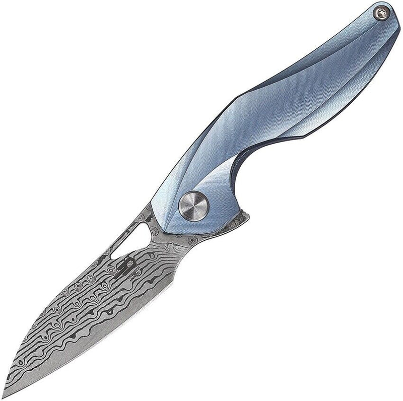 Bestech The Reticulan Frame Folding Knife 2" Damascus Steel Drop Point Blade Blue Titanium Handle T1810H -Bestech Knives - Survivor Hand Precision Knives & Outdoor Gear Store