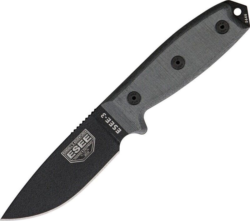 ESEE Model 3 Standard Fixed Knife 3.75" Black Powder Coated Double Edge 1095HC Steel Full Tang Blade Linen Micarta Handle 3PKO -ESEE - Survivor Hand Precision Knives & Outdoor Gear Store