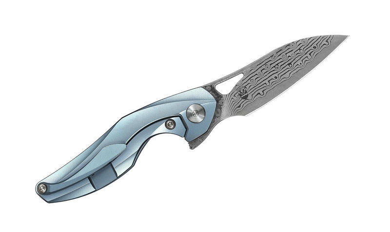 Bestech The Reticulan Frame Folding Knife 2" Damascus Steel Drop Point Blade Blue Titanium Handle T1810H -Bestech Knives - Survivor Hand Precision Knives & Outdoor Gear Store