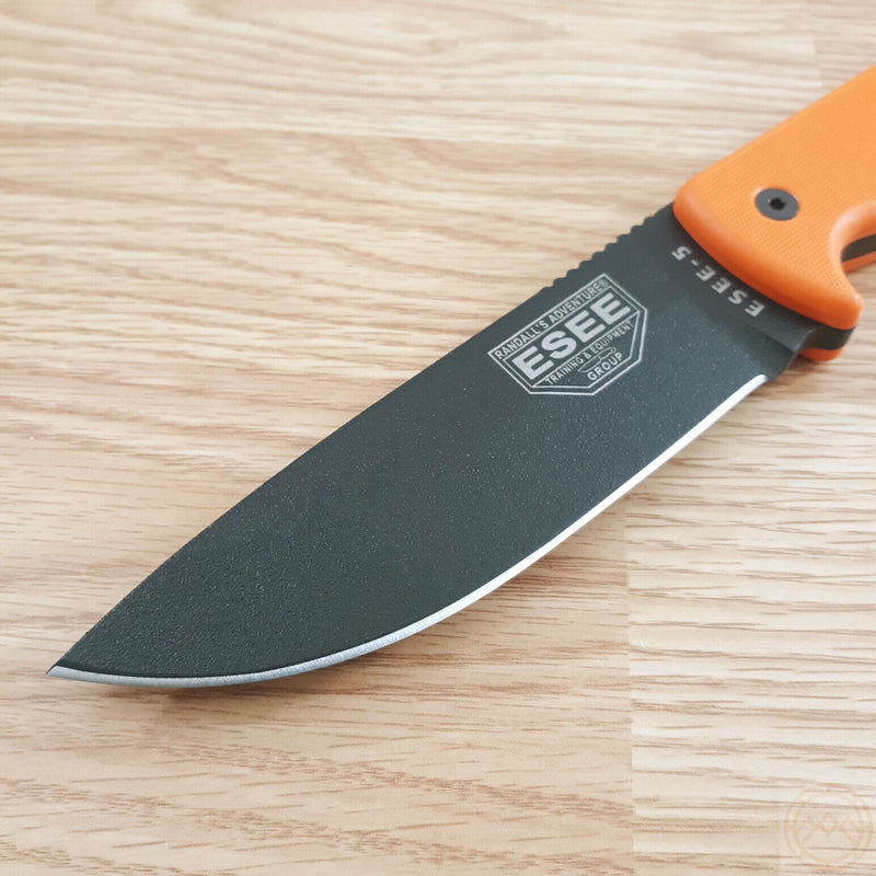 ESEE Model 5 Fixed Knife 5.25" Black Powder Coated 1095HC Steel Full / Extended Tang Blade Orange G10 Handle 5POR -ESEE - Survivor Hand Precision Knives & Outdoor Gear Store