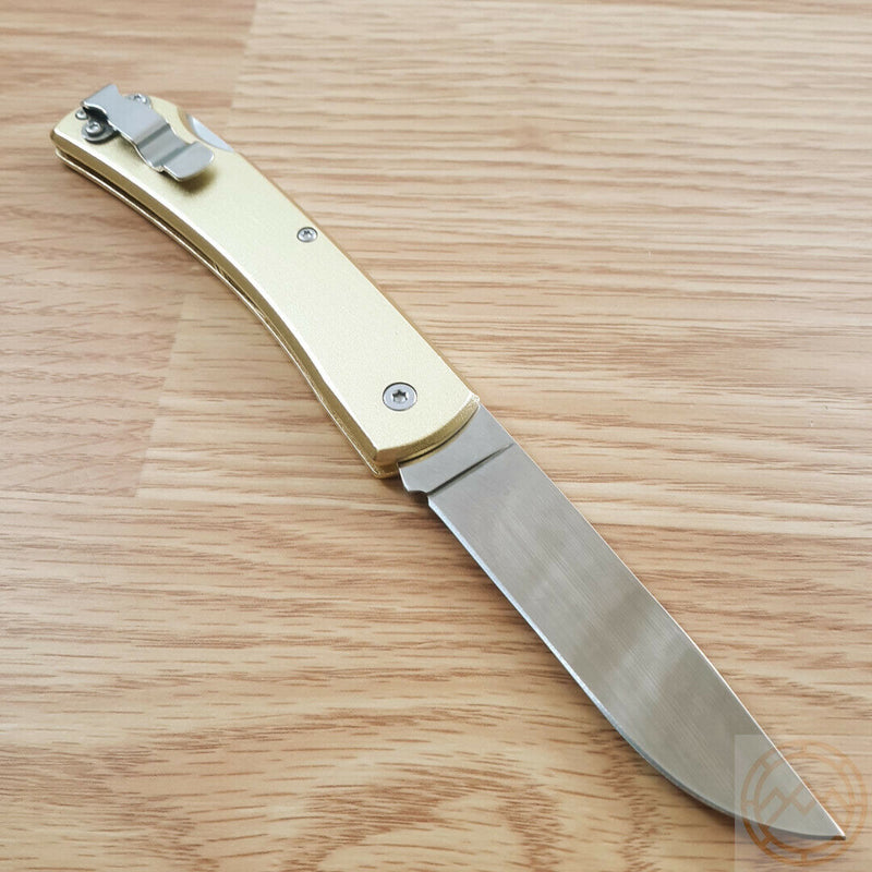 Bear & Son Large Lockback Folding Knife 3.5" Stainless Steel Blade Gold Aluminum Handle C138L -Bear & Son - Survivor Hand Precision Knives & Outdoor Gear Store