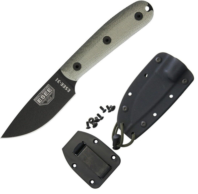 ESEE Model 3 Fixed Knife 3.63" Black Powder Coated 1095HC Steel Full Tang Drop Point Blade Green Canvas Micarta Traditional Handle 3HMK -ESEE - Survivor Hand Precision Knives & Outdoor Gear Store