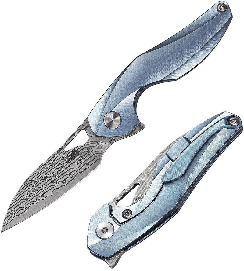 Bestech The Reticulan Frame Folding Knife 2" Damascus Steel Drop Point Blade Blue Titanium Handle T1810H -Bestech Knives - Survivor Hand Precision Knives & Outdoor Gear Store