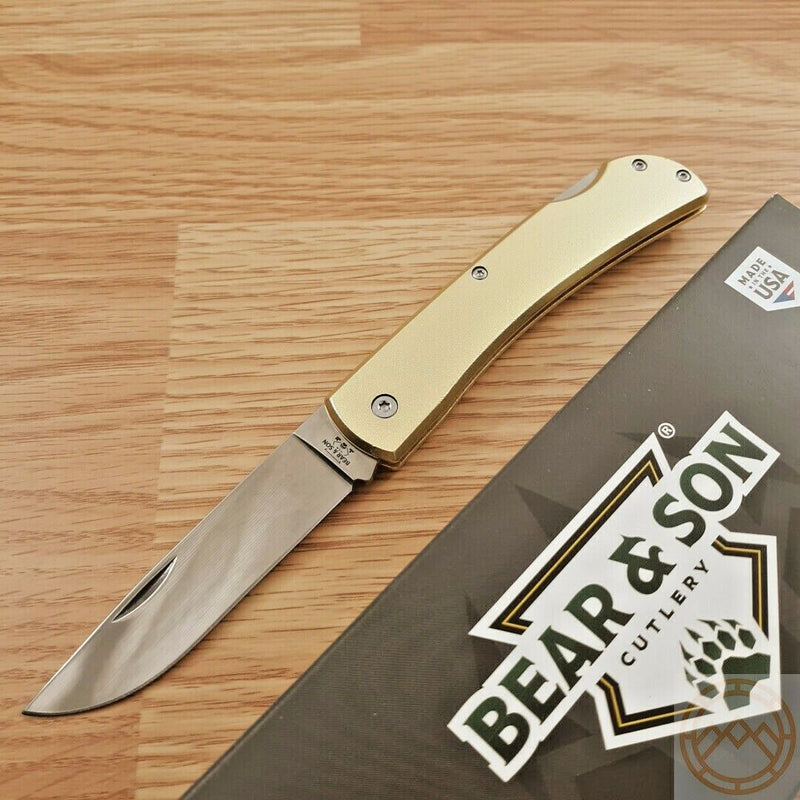 Bear & Son Large Lockback Folding Knife 3.5" Stainless Steel Blade Gold Aluminum Handle C138L -Bear & Son - Survivor Hand Precision Knives & Outdoor Gear Store