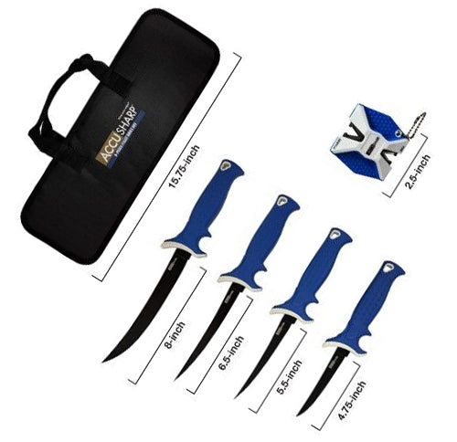 AccuSharp Six Piece Fillet Knife Kit Titanium Coated Stainless Steel Blades Non-Slip Grip / TPR Handles With Sharpener Included 737C -AccuSharp - Survivor Hand Precision Knives & Outdoor Gear Store