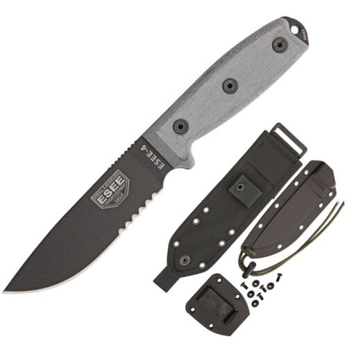 ESEE Model 4 Fixed Knife 4.5" Black Powder Coated Part Serrated 440C Steel Full / Extended Tang Blade Micarta Handle 4SMBB -ESEE - Survivor Hand Precision Knives & Outdoor Gear Store