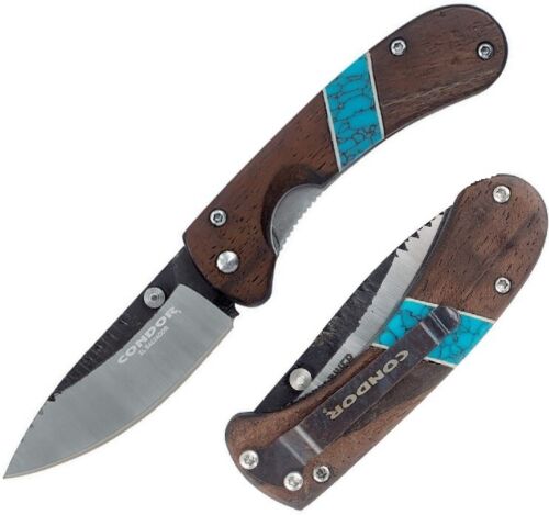 Condor Blue River Hunter Linerlock Folding Knife 3" Natural 440C Steel Blade Walnut With Reconstituted Turquoise Inlay Handle 282834C -Condor - Survivor Hand Precision Knives & Outdoor Gear Store