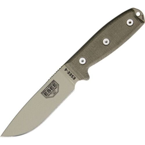 ESEE Model 4 Plain Edge Fixed Knife 4.5" Desert Tan Powder Coated 1095HC Steel Full / Extended Tang Blade OD Green Micarta Handle 4PMBDT -ESEE - Survivor Hand Precision Knives & Outdoor Gear Store