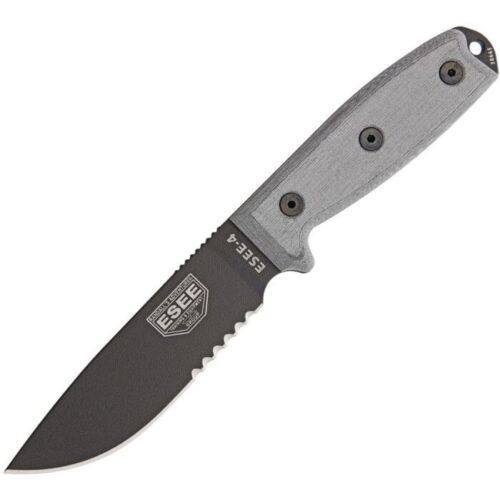 ESEE Model 4 Fixed Knife 4.5" Black Powder Coated Part Serrated 440C Steel Full / Extended Tang Blade Micarta Handle 4SMBB -ESEE - Survivor Hand Precision Knives & Outdoor Gear Store