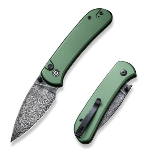Civivi Qubit Button Lock Folding Knife 3" Damascus Steel Drop Point Blade Green Aluminum Handle 22030EDS1 -Civivi - Survivor Hand Precision Knives & Outdoor Gear Store