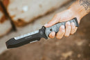 TOPS Pry Fixed Knife 5.75" Part Serrated 1095 Steel Blade Black Linen Micarta Handle