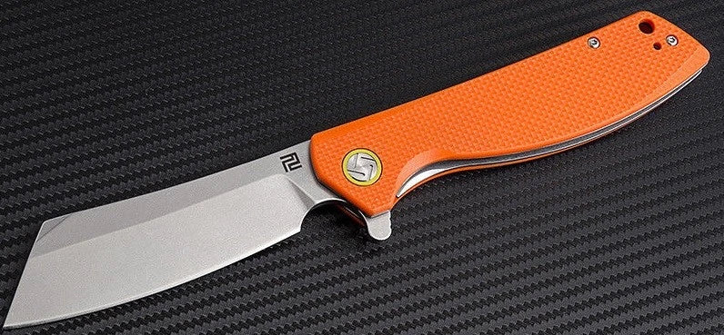 Artisan Tomahawk Liner Folding Knife 3.75" D2 Tool Steel Blade Orange G10 Handle