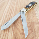 Rough Ryder Lockback Trapper Pocket Knife 440 Steel Blades Jigged Bone Handle