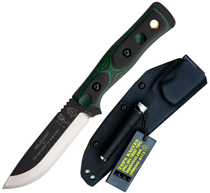 TOPS Fieldcraft BOB Hunter Fixed Knife 4.62" 1095 High Carbon Steel Partial Black Traction Coating Blade G-10 Handle BROSGB -TOPS - Survivor Hand Precision Knives & Outdoor Gear Store