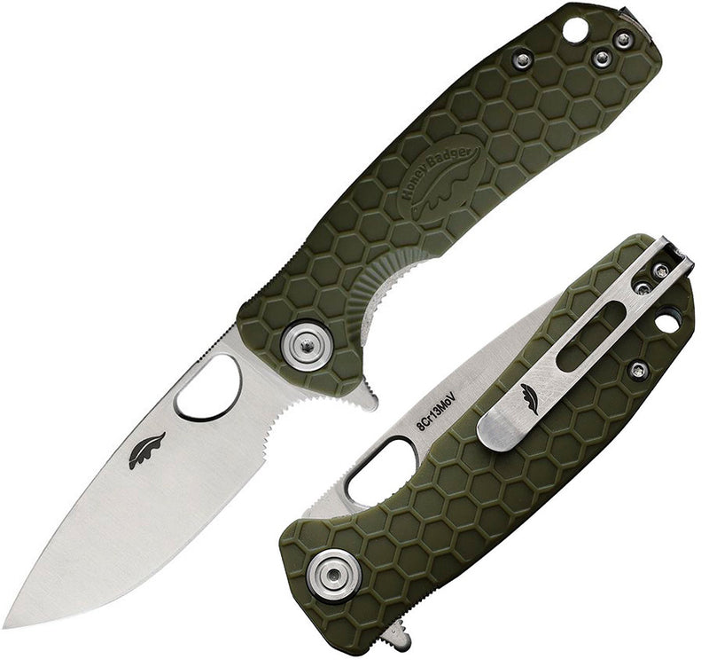 Honey Badger Knives Small Linerlock Folding Knife 2.75" 8Cr13MoV Steel Drop Point Blade Green Textured GRN Handle 1023 -Honey Badger Knives - Survivor Hand Precision Knives & Outdoor Gear Store