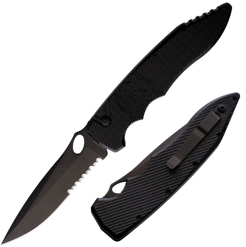 Piranha Knives Predator Tactical Folding Automatic Knife 4" Part Serrated CPM S30V Steel Blade Black Aluminum Handle CP10BKTS -Piranha Knives - Survivor Hand Precision Knives & Outdoor Gear Store