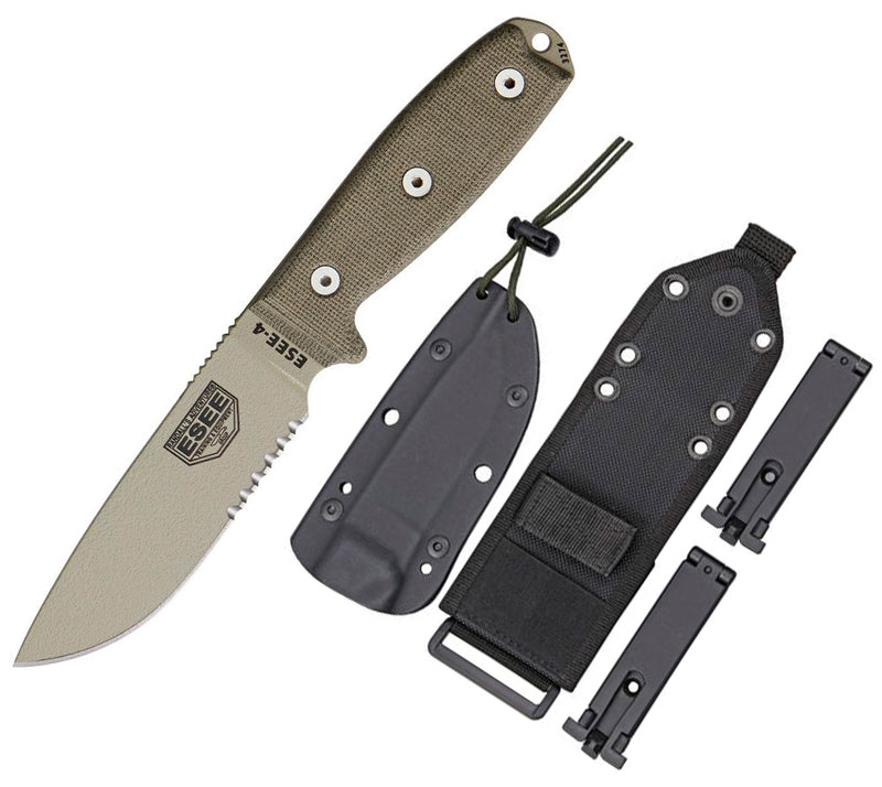 ESEE Model 4 Fixed Knife 4.5" Desert Tan Powder Coated Part Serrated 1095HC Steel Blade OD Green Micarta Handle 4SMBDT -ESEE - Survivor Hand Precision Knives & Outdoor Gear Store