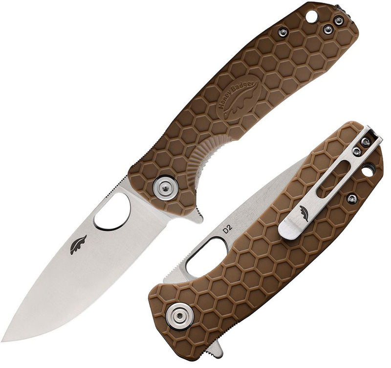 Honey Badger Knives Medium Linerlock Folding Knife 3.13" D2 Tool Steel Drop Point Blade Tan Textured GRN Handle 1015 -Honey Badger Knives - Survivor Hand Precision Knives & Outdoor Gear Store