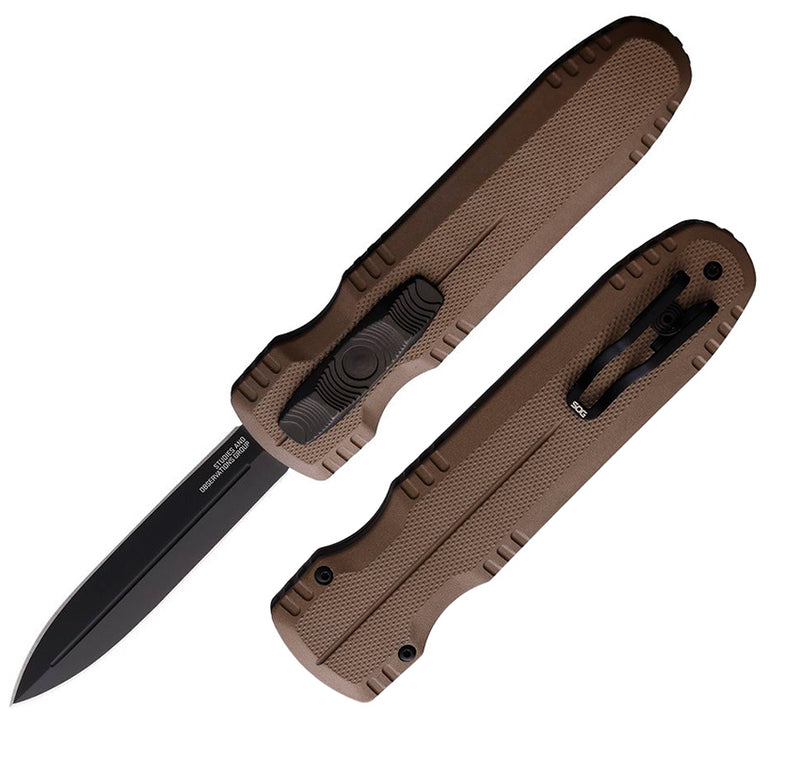 SOG Pentagon OTF FDE Folding Automatic Knife 3.75" CPM-S35VN Steel Dagger Blade Flat Dark Earth Aluminum Handle G15610257 -SOG - Survivor Hand Precision Knives & Outdoor Gear Store