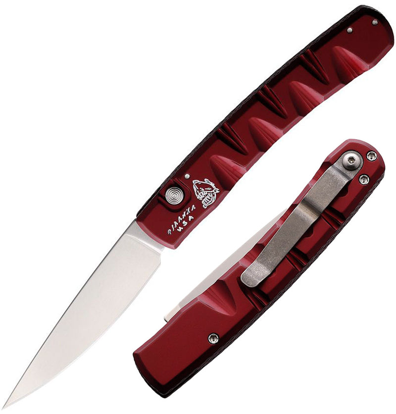 Piranha Knives Pocket Button Lock Folding Automatic Knife 3.25" 154CM Steel Blade Red Anodized Aluminum Handle CP15R -Piranha Knives - Survivor Hand Precision Knives & Outdoor Gear Store