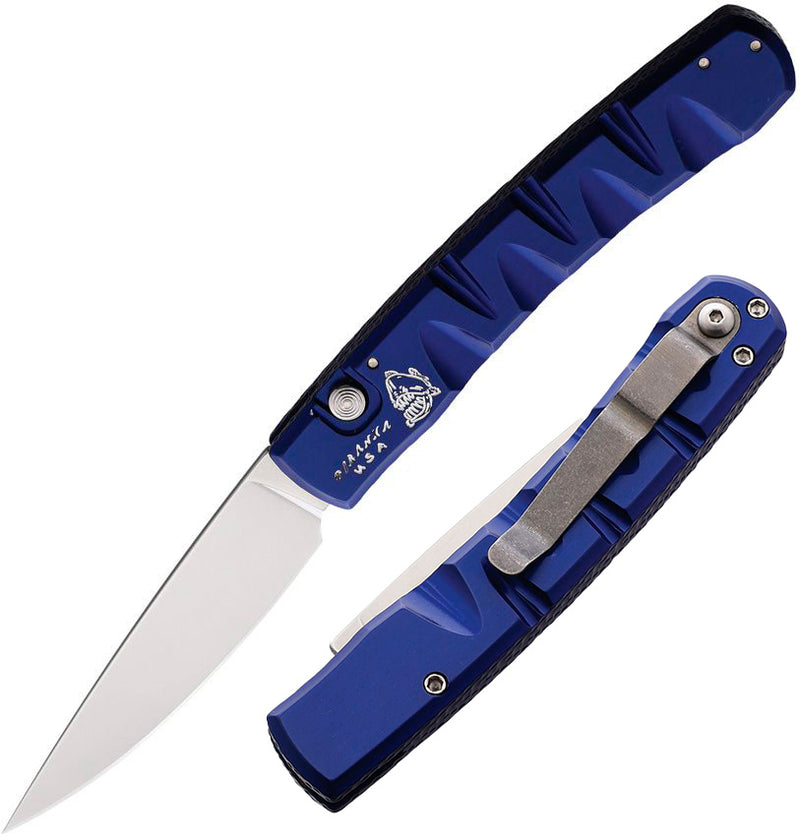 Piranha Knives Virus Button Lock Folding Automatic Knife 3.25" CPM S30V Steel Blade Blue Sculpted Aluminum Handle CP15B -Piranha Knives - Survivor Hand Precision Knives & Outdoor Gear Store