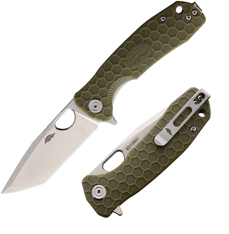 Honey Badger Knives Medium Liner Folding Knife 3.13" 8Cr13MoV Steel Tanto Blade Green Textured Nylon Handle 1333 -Honey Badger Knives - Survivor Hand Precision Knives & Outdoor Gear Store