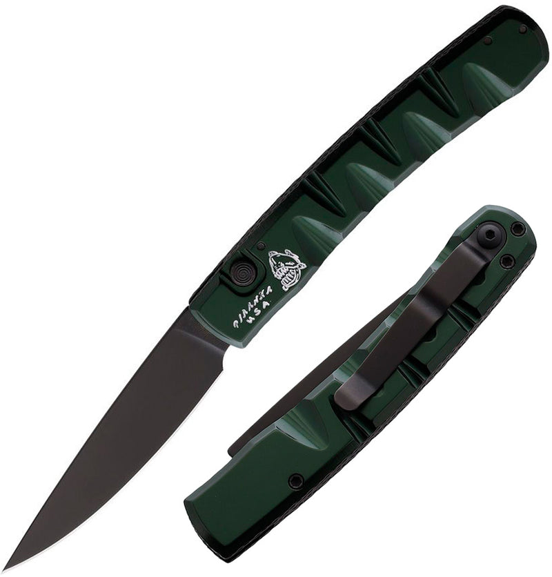 Piranha Knives Pocket Button Lock Folding Automatic Knife 3.25" 154CM Steel Blade Green Anodized Aluminum Handle CP15GT -Piranha Knives - Survivor Hand Precision Knives & Outdoor Gear Store