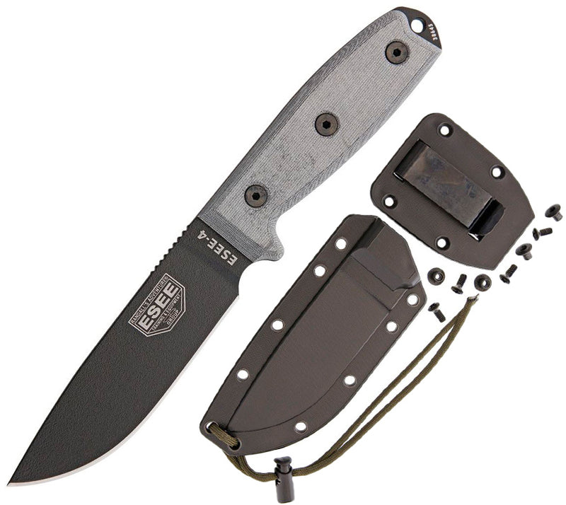 ESEE Model 4 Fixed Knife 4.5" Black Powder Coated 1095HC Steel Blade Micarta Handle 4PB -ESEE - Survivor Hand Precision Knives & Outdoor Gear Store