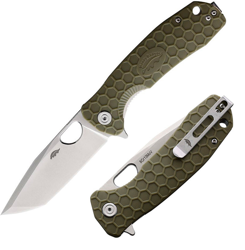 Honey Badger Knives Large Liner Folding Knife 3.63" 8Cr13MoV Steel Tanto Blade Green Textured Nylon Handle 1323 -Honey Badger Knives - Survivor Hand Precision Knives & Outdoor Gear Store