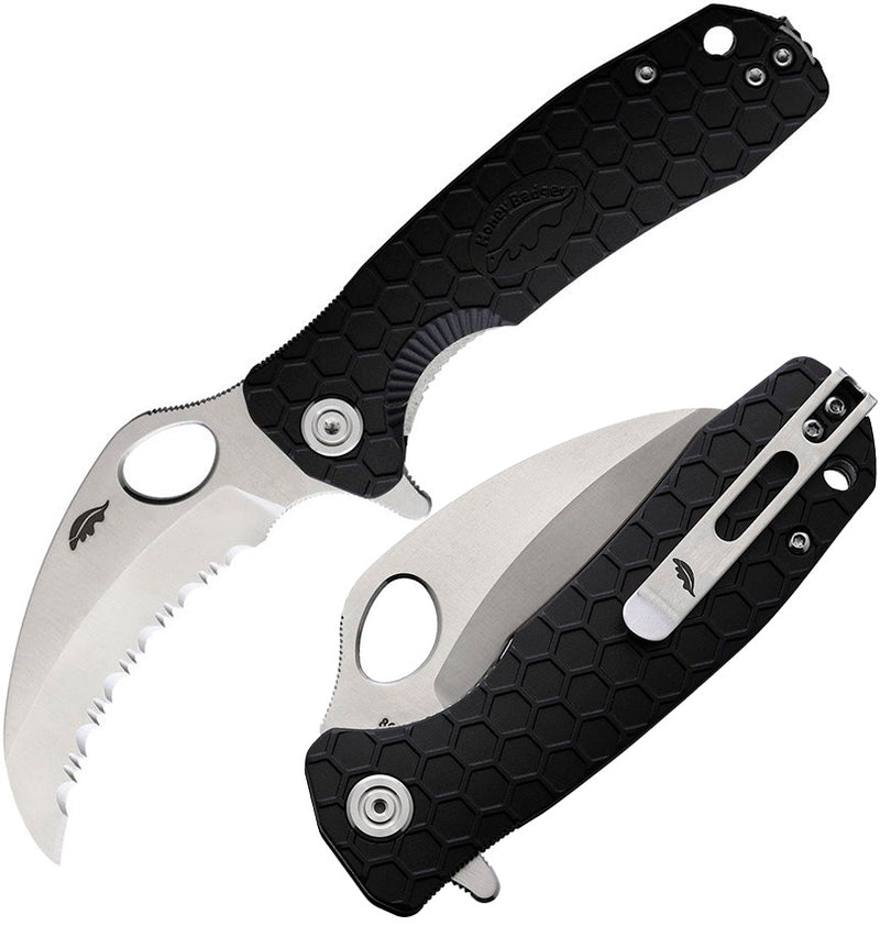 Honey Badger Knives Medium Liner Folding Knife 3" Serrated 8Cr13MoV Steel Claw Blade Black Textured GRN Handle 1131 -Honey Badger Knives - Survivor Hand Precision Knives & Outdoor Gear Store